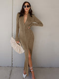 POSHOOT  Fashion Ankle-Length Dresses For Women Long Sleeve Autumn Button Green Split Casual  Elegant Party Clubwear Solid