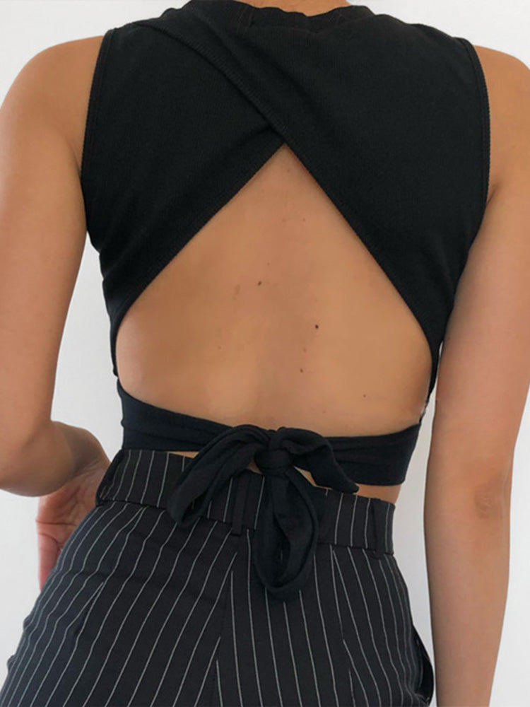 Poshoot    backless women tank top bandage slim crop top summer 2023 casual streetwear tops solid cotton soft criss cross top