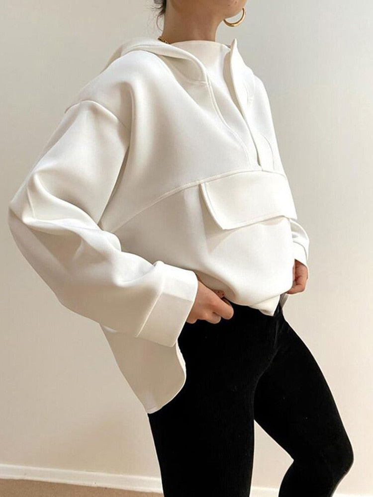 Poshoot   Fashion Women Hoodies Oversize Asymmetric Hem Solid Black White Autumn Sweatshirt Loose Streetwear Hooded Pullover Tops