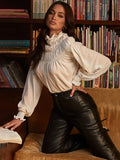 Poshoot   Women Faux Leather Pant Pockets Straight Pant Trousers Autumn Elegant High Waist Office Lady Slim Vintage Leisure Pants