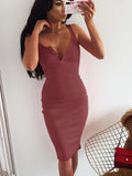 POSHOOT  Knee-Length Dress Knitted Elastic Sleeveless Bodycon Elegant Women 2023 Summer  V-Neck Button Party Slim Dresses