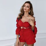 POSHOOT Blue Summer 2 Piece Sets Sexy Off Shoulder Ruffle Crop Top And Elastic Waist Short Women Sets V-Neck Beach Causal Suits