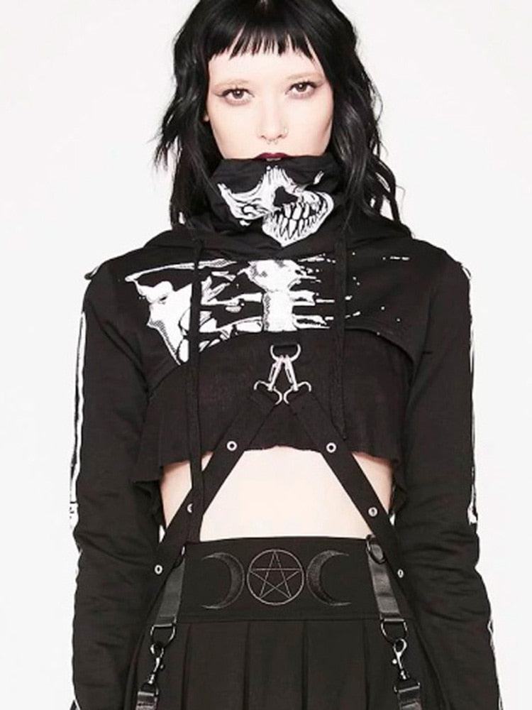 Poshoot   Gothic Punk Hooded Hoodies Women Black Skeleton Print Mask Long Sleeve Crop Tops 2022 Fashion Halloween Top Sweatshirt