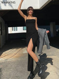 POSHOOT  Midi Dress Women Summer Sleeveless Party Dresses Lace Up Strap Hight Side Split Black  Backless  Long Dresses