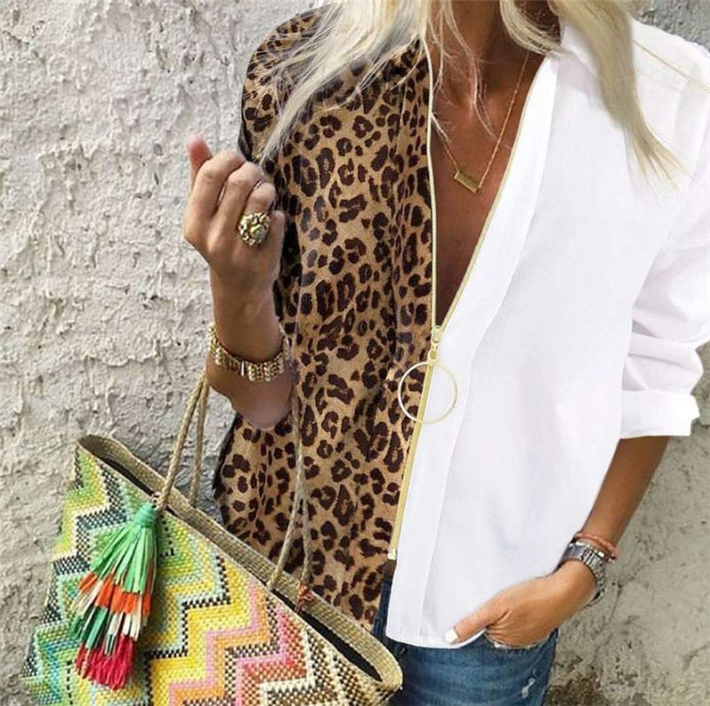 Poshoot  Fashion Leopard White Spliced Blouse Women Shirts Spring Fall Long Sleeve Zip Up V-Neck Tops Casual Female Plus Size Blouse