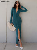 POSHOOT  Fashion Ankle-Length Dresses For Women Long Sleeve Autumn Button Green Split Casual  Elegant Party Clubwear Solid