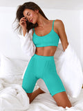 POSHOOT Beyouare Casual Women's Solid Two Piece Set Fitness Sporting Style Sling Slim Skinny Tank Crop Top And Elastic Waist Shorts Suit