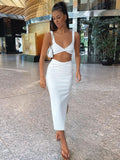 POSHOOT  Two Piece Set Women Summer Ankle-Length Skirts Women Crop Top Sexy Party Outfit Elegant Solid Hollow Out Skirts Sets