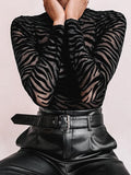 Poshoot  Black Mesh Transparent  Bodysuit Long Sleeve Slim Skinny Stripe Mock Neck Casual Rompers Women Lady Party Club Body