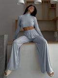 Poshoot   Wide Leg Pant Women Two Piece Set Long Sleeve Solid Autumn Casual Outfit Matching Set Casual Homewear 2022 Crop Top Set