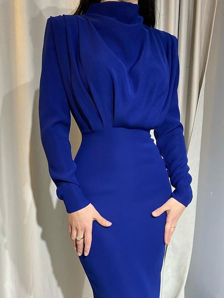 Poshoot   Elegant Women Dress Stand Collar Slim Waist Solid Blue Ankle Length Autumn Long Sleeve Casual Party Dress 2022 Fashion