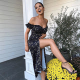 POSHOOT  Summer Floral Off Shoulder Puff Sleeve Maxi Dress For Woman Robe Sexy Lace Up Side Split Chic Mid-Calf Aesthetic Dress