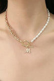 Back To School Alphabet M Pendant Half Pearl and Half Chain Necklace