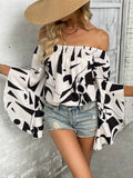 BACK TO COLLEGE   Printed Off-Shoulder Bell Sleeve Blouse