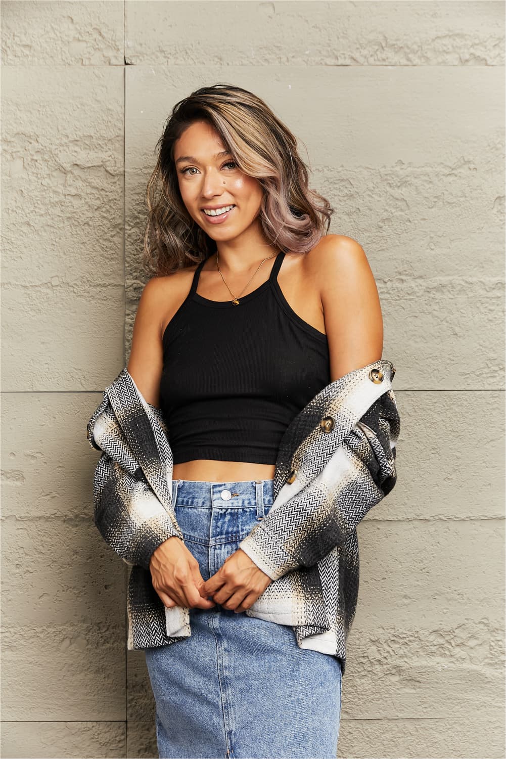 POSHOOT AUTUMN OUTFITS     Plaid Dropped Shoulder Collared Jacket