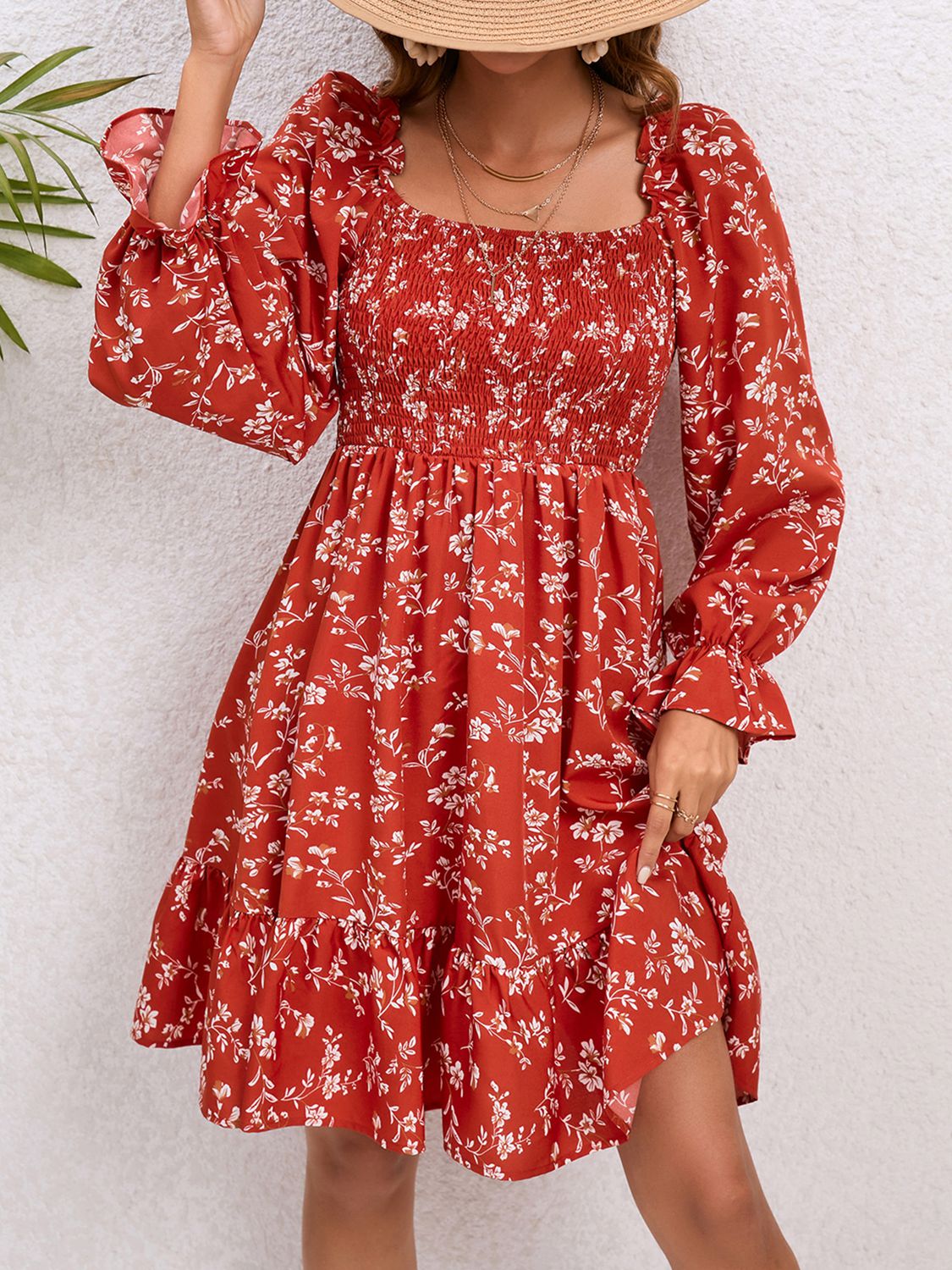 POSHOOT AUTUMN OUTFITS    Floral Smocked Square Neck Dress