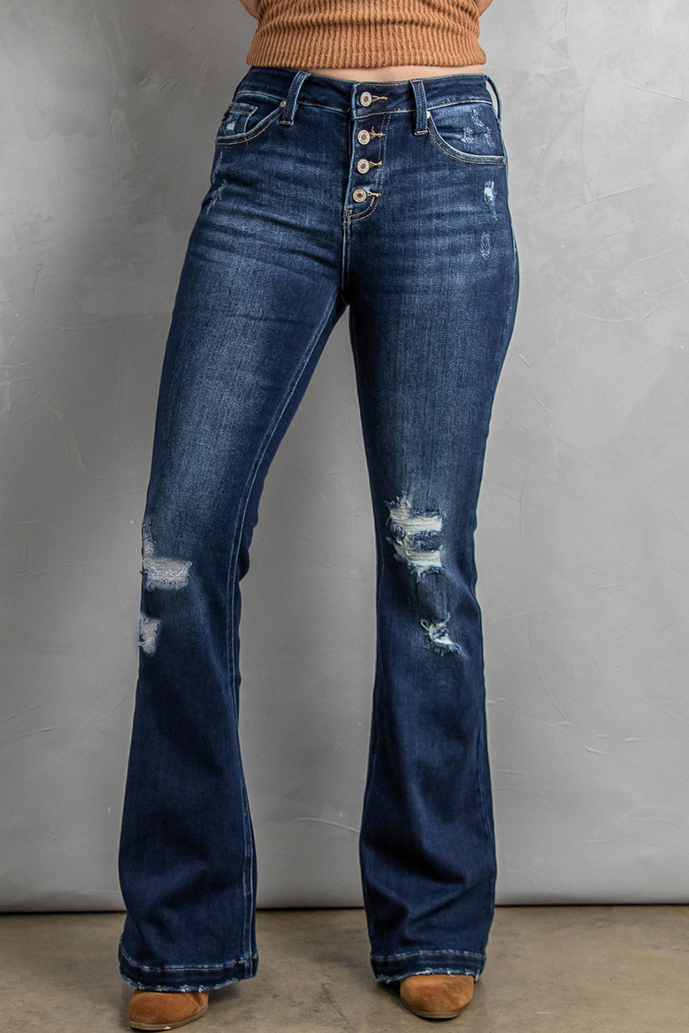 POSHOOT  fall outfits    Button Fly Distressed Bootcut Jeans