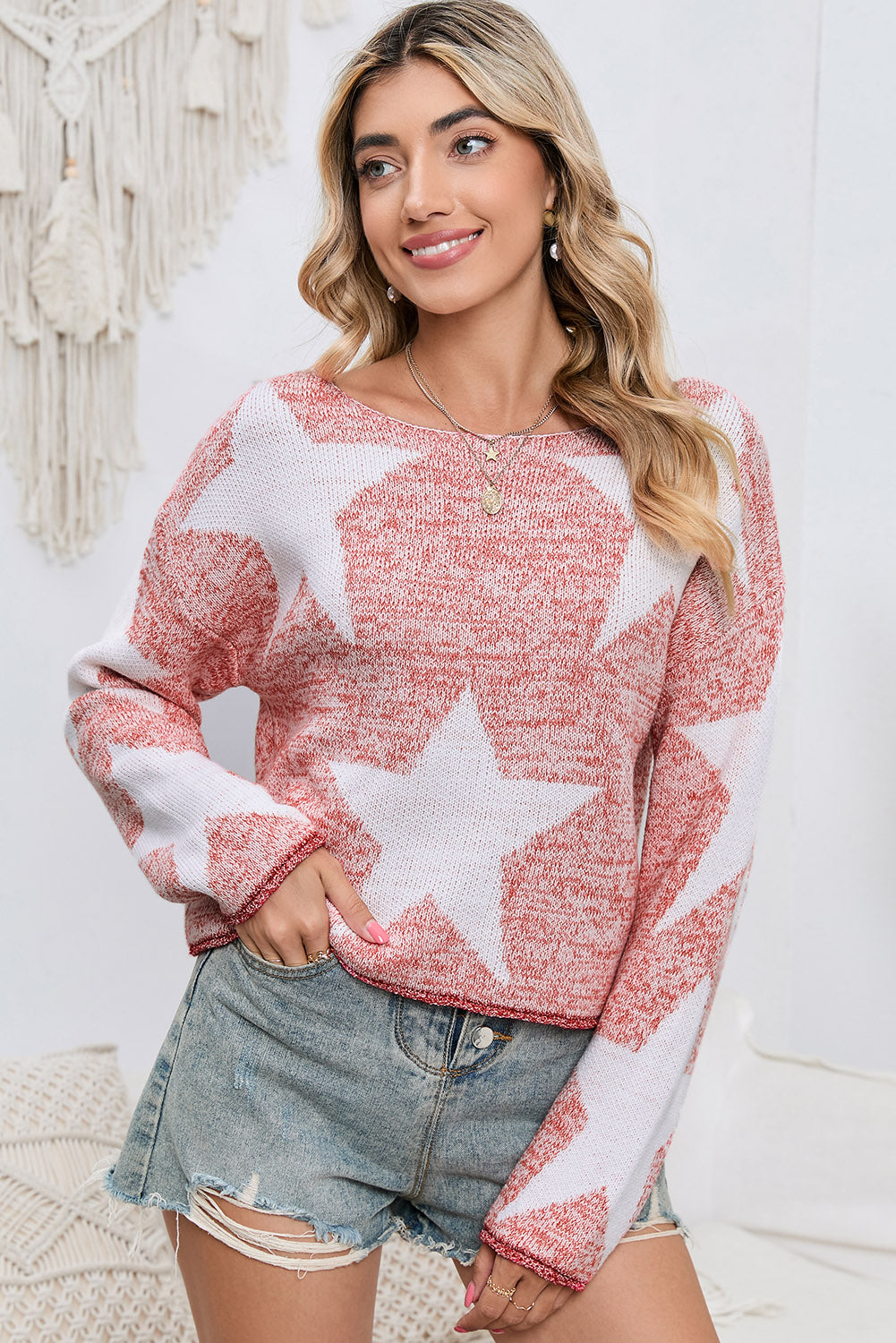 POSHOOT  AUTUMN OUTFITS    Star Pattern Dropped Shoulder Knit Top