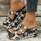 Poshoot - White Casual Daily Hollowed Out Patchwork Printing Round Comfortable Out Door Wedges Shoes (Heel Height 2.36in)