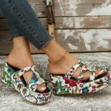 Poshoot - White Casual Daily Hollowed Out Patchwork Printing Round Comfortable Out Door Wedges Shoes (Heel Height 2.36in)