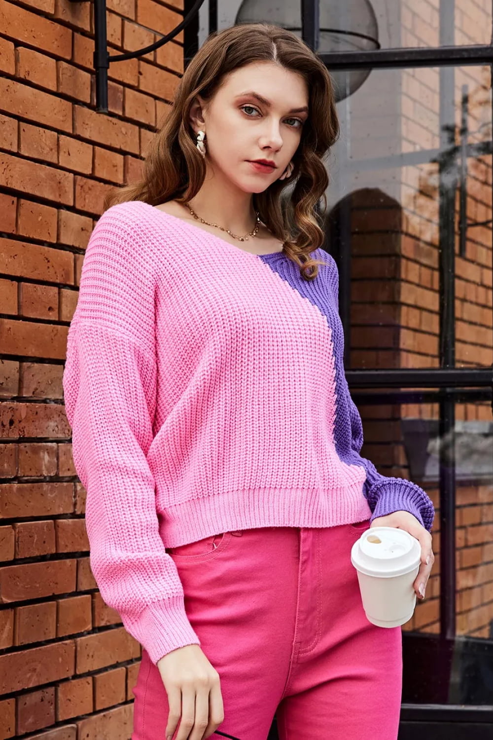 Back to school Two-Tone V-Neck Twisted Sweater