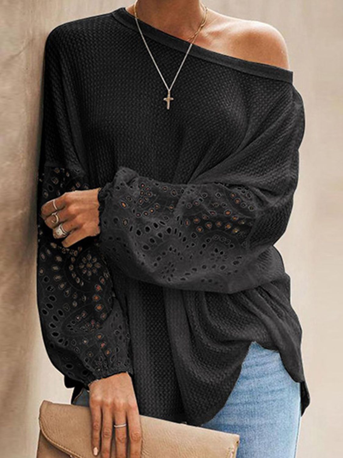 POSHOOT AUTUMN OUTFITS     Openwork Dropped Shoulder Boat Neck Blouse