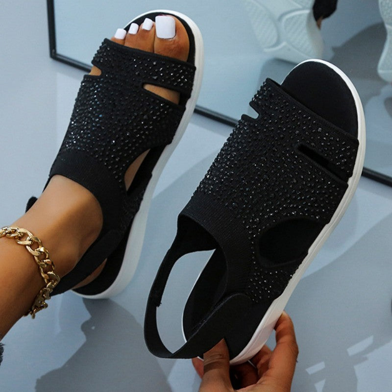 Poshoot - Black Casual Patchwork Rhinestone Round Comfortable Shoes