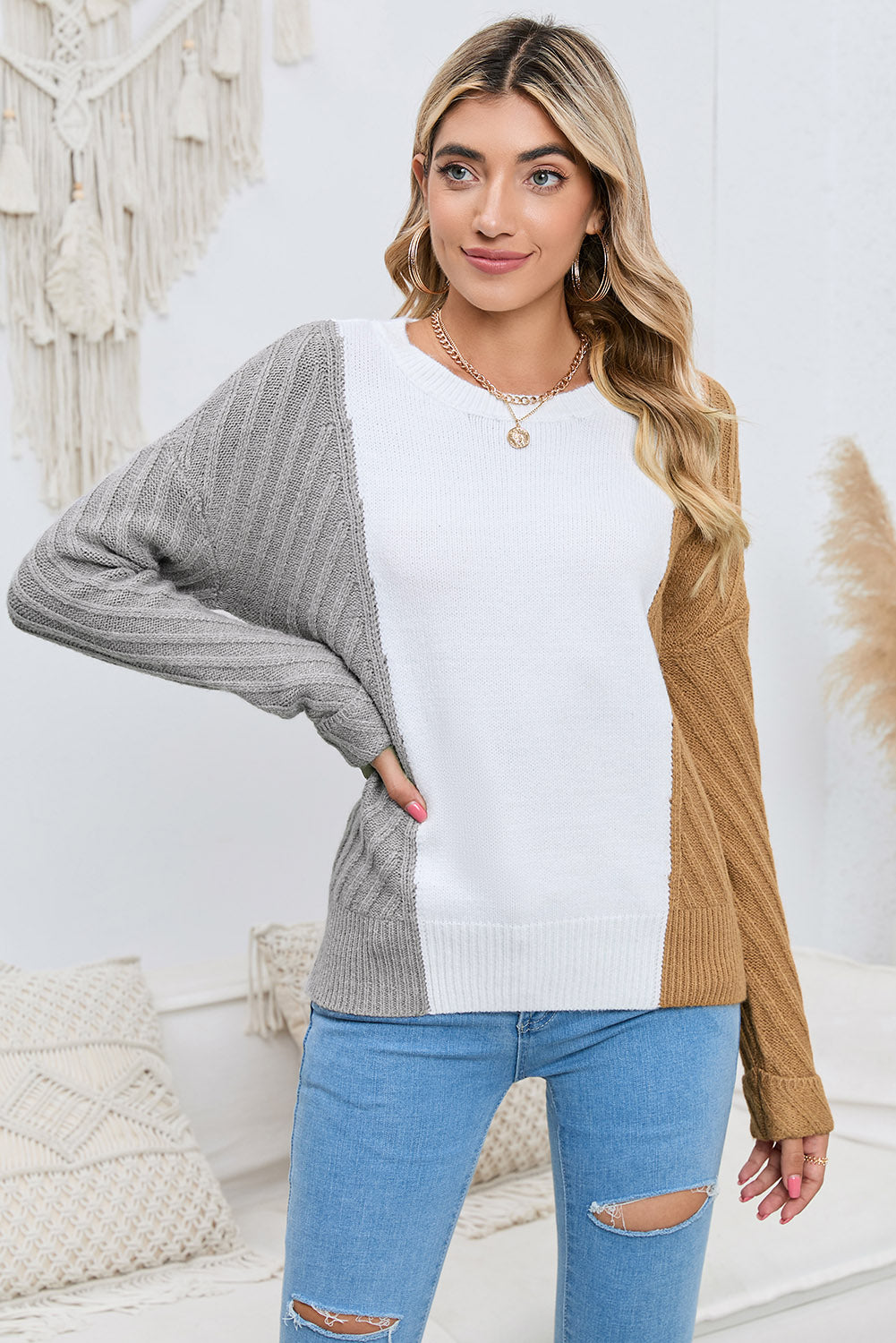 POSHOOT  AUTUMN OUTFITS    Contrast Color Dropped Shoulder Sweater