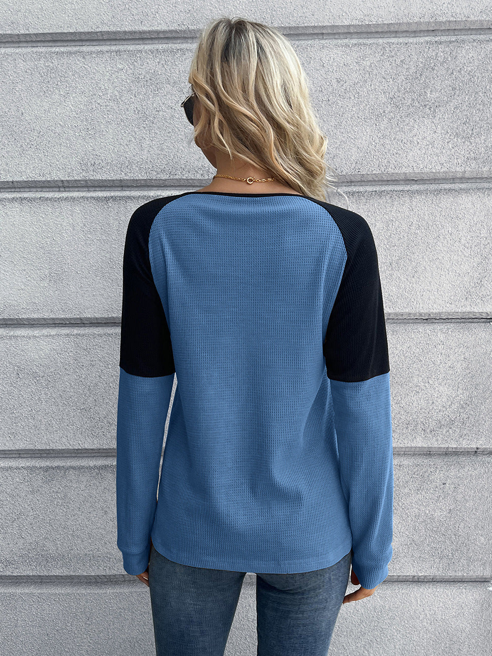 POSHOOT AUTUMN OUTFITS   Contrast Buttoned Round Neck Raglan Sleeve Top