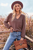 POSHOOT  fall outfits    V-Neck Dropped Shoulder Waffle-Knit Blouse