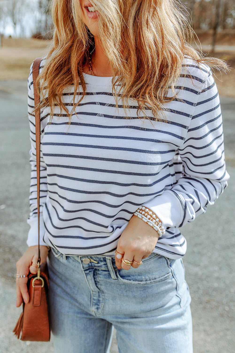 BACK TO COLLEGE   Striped Long Sleeve Round Neck Top