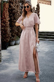 Poshoot  Floral Print V-Neck Smocked Waist High Slit Maxi Dress