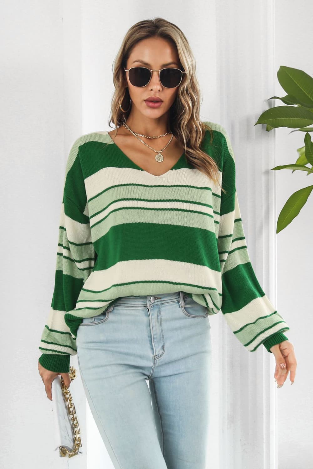 POSHOOT AUTUMN OUTFITS     Striped V-Neck Dropped Shoulder Sweater