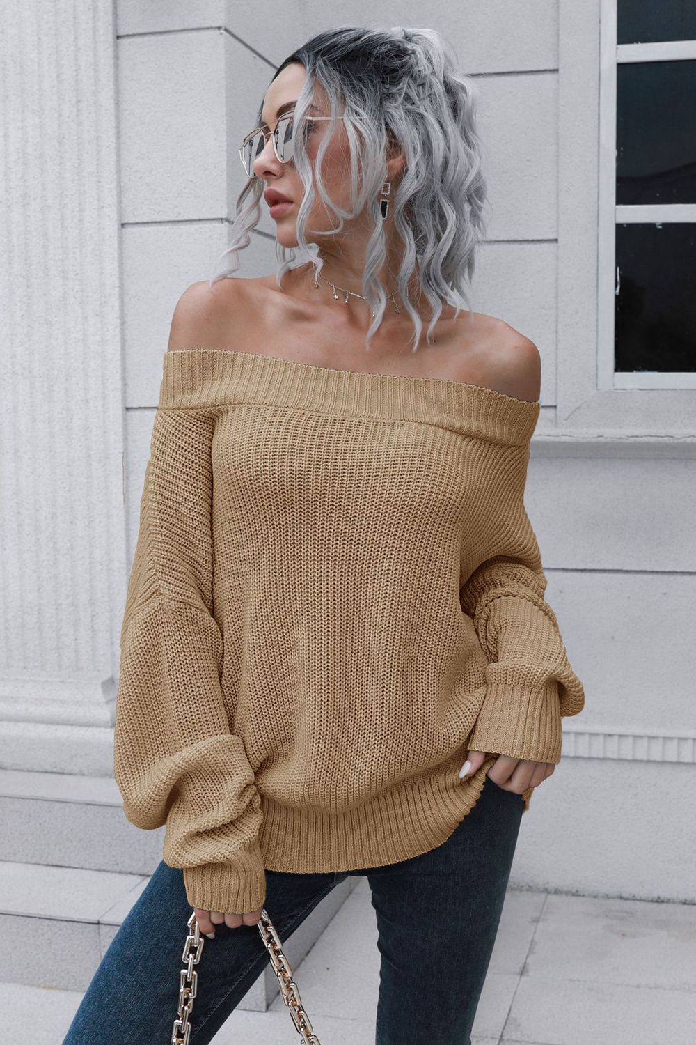 Back to school  Off-Shoulder Ribbed Long Sleeve Pullover Sweater