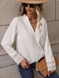 POSHOOT  fall outfits      V-Neck Long Sleeve Lace Trim Blouse