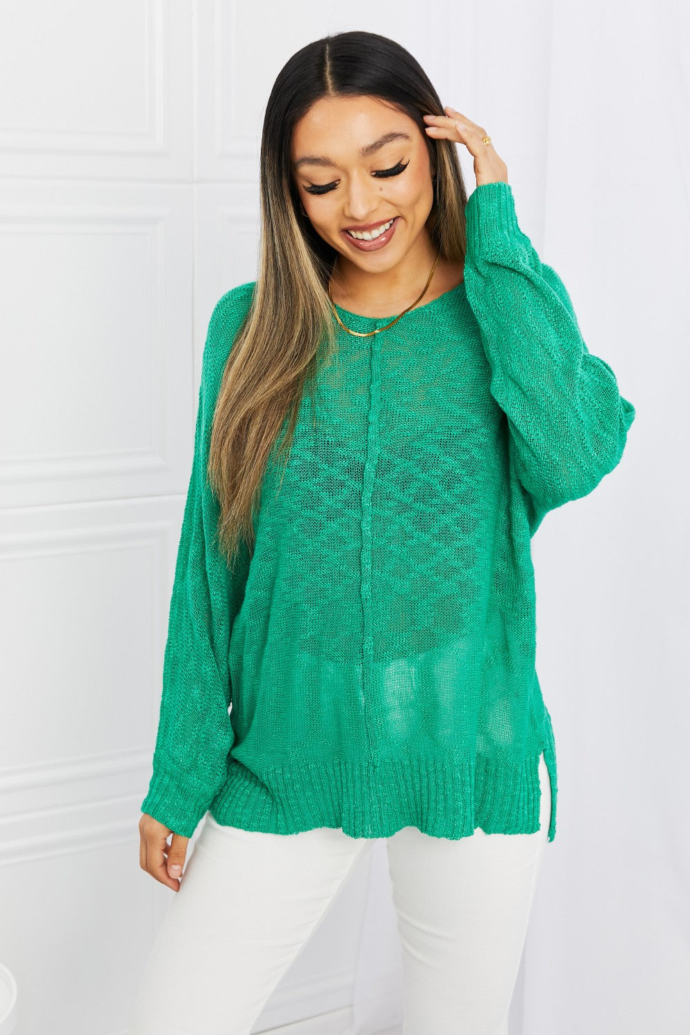 BACK TO COLLEGE    Exposed Seam Slit Knit Top in Kelly Green