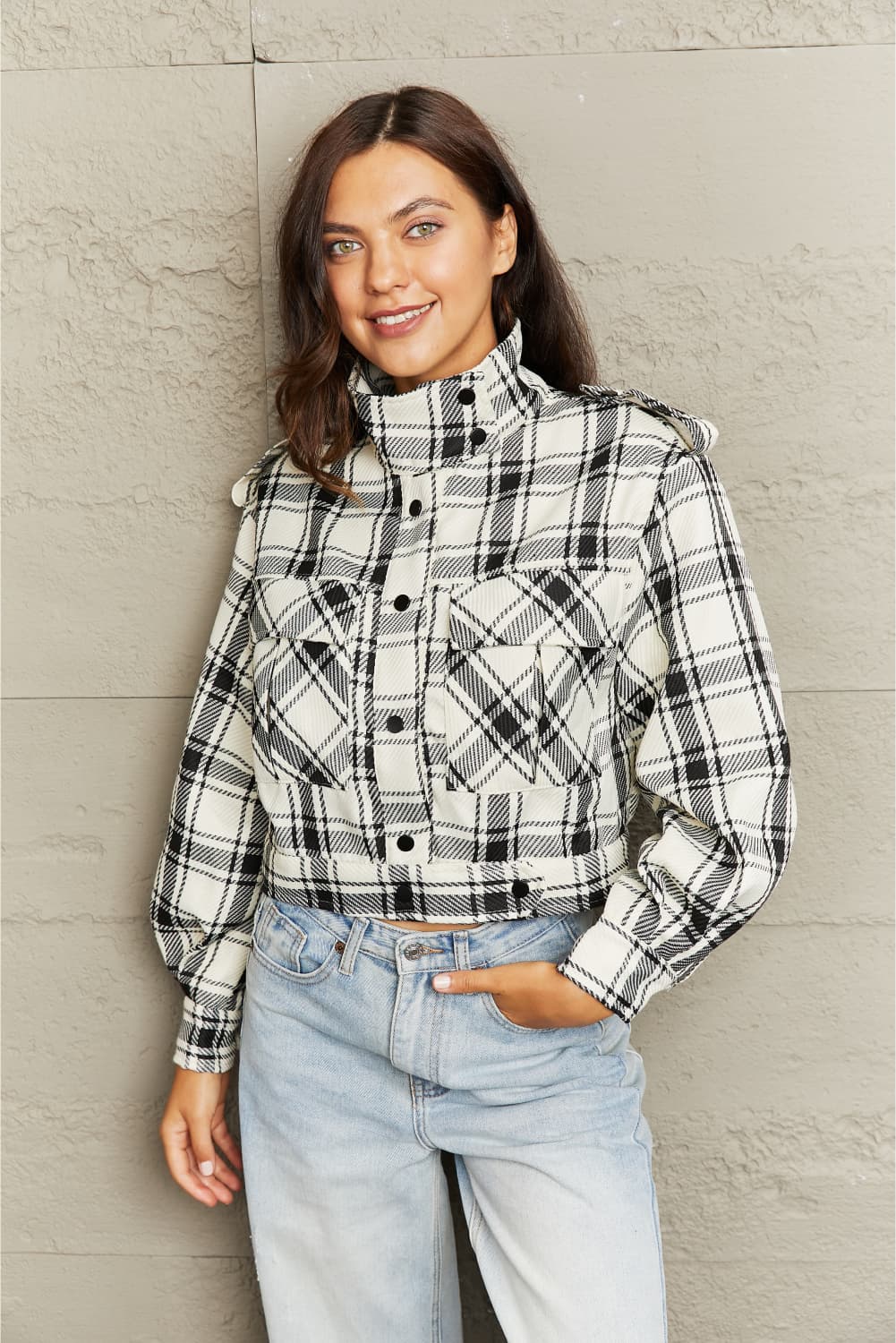 POSHOOT AUTUMN OUTFITS    Plaid Collared Neck Long Sleeve Jacket