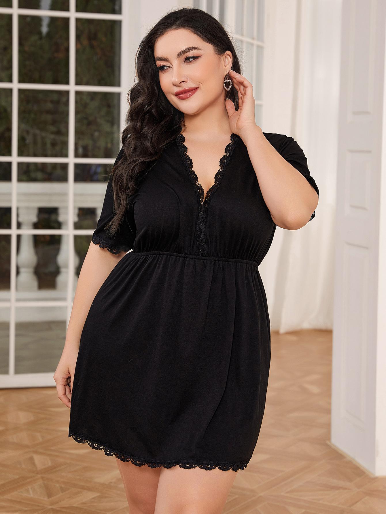 BACK TO COLLEGE   Plus Size Lace Trim Deep V Night Dress