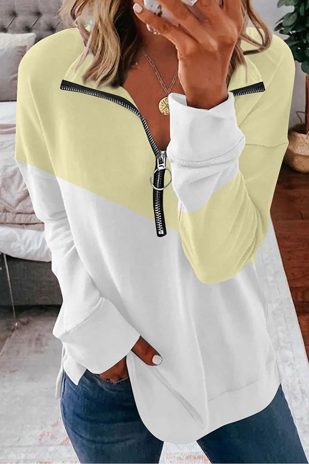 POSHOOT  AUTUMN OUTFITS     Contrast Zip-Up Collared Neck Dropped Shoulder Blouse
