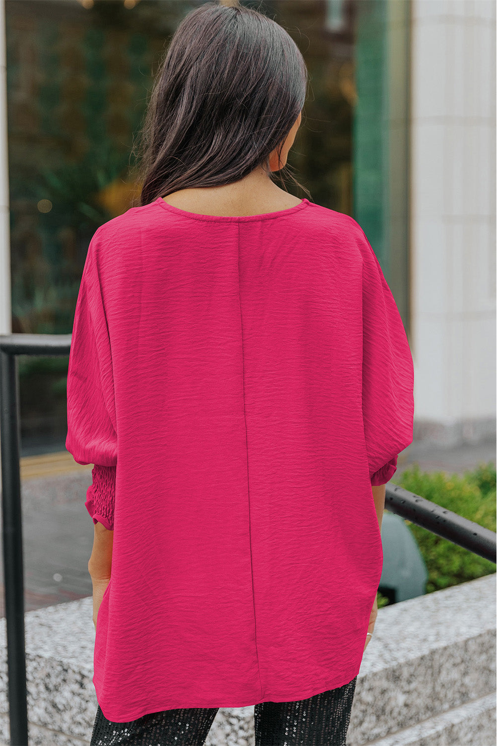 BACK TO COLLEGE   Round Neck Dolman Sleeve Textured Blouse