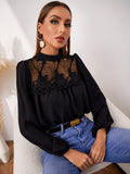 BACK TO COLLEGE   Openwork Round Neck Puff Sleeve Blouse