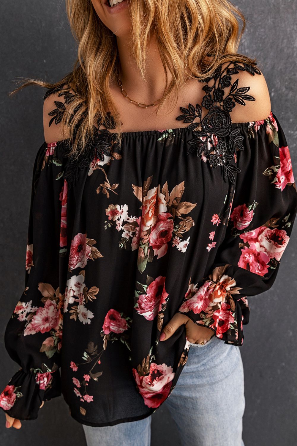 BACK TO COLLEGE   Floral Lace Cold-Shoulder Flounce Sleeve Blouse