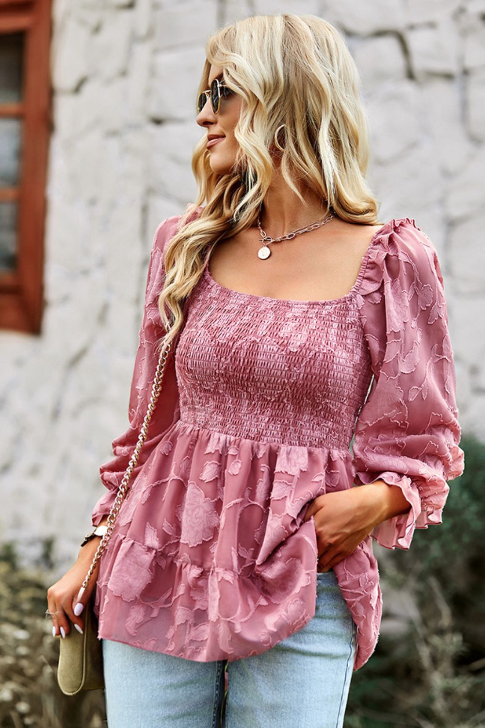 BACK TO COLLEGE    Smocked Square Neck Flounce Sleeve Blouse