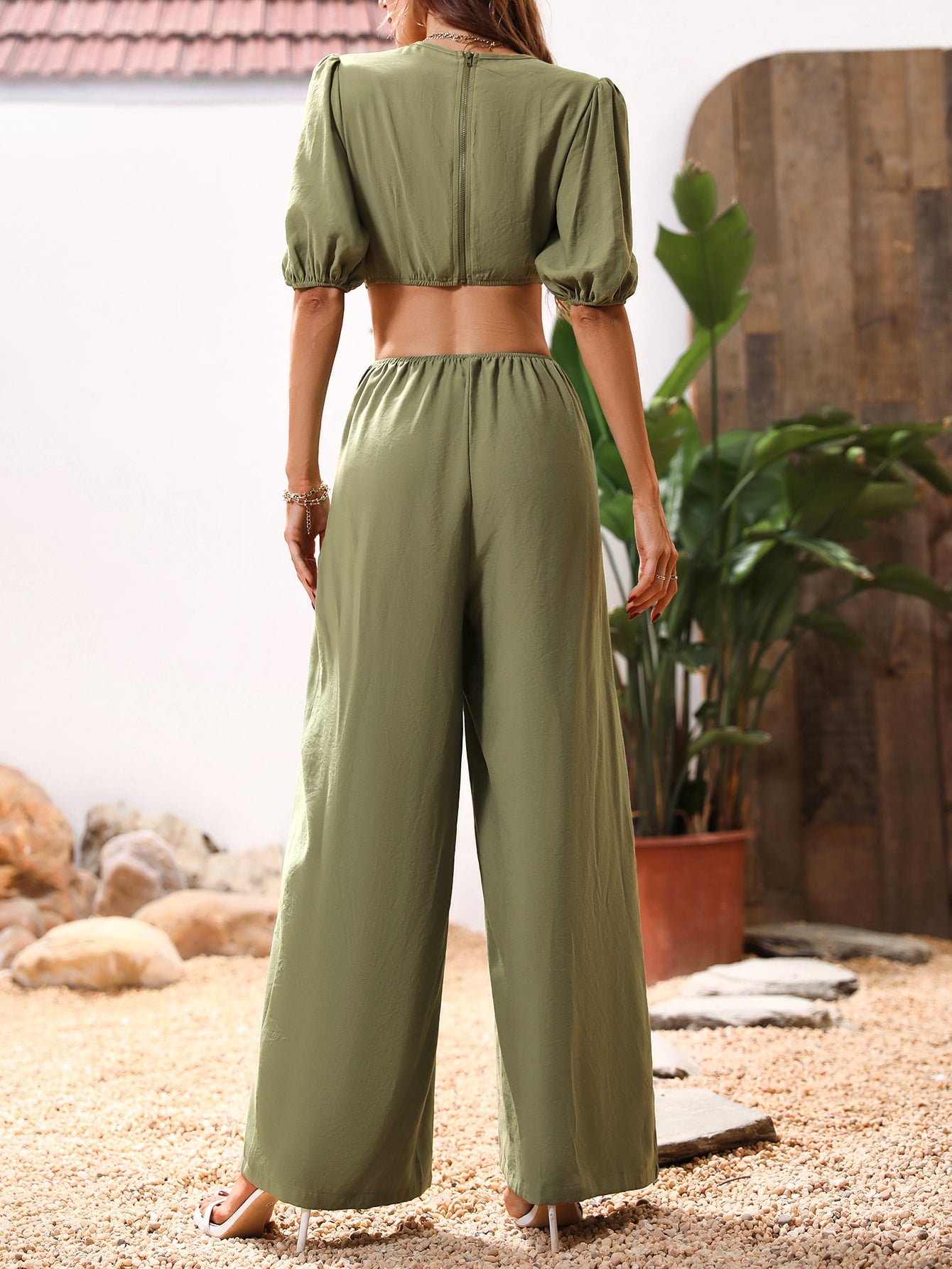 BACK TO COLLEGE   Cutout V-Neck Balloon Sleeve Jumpsuit