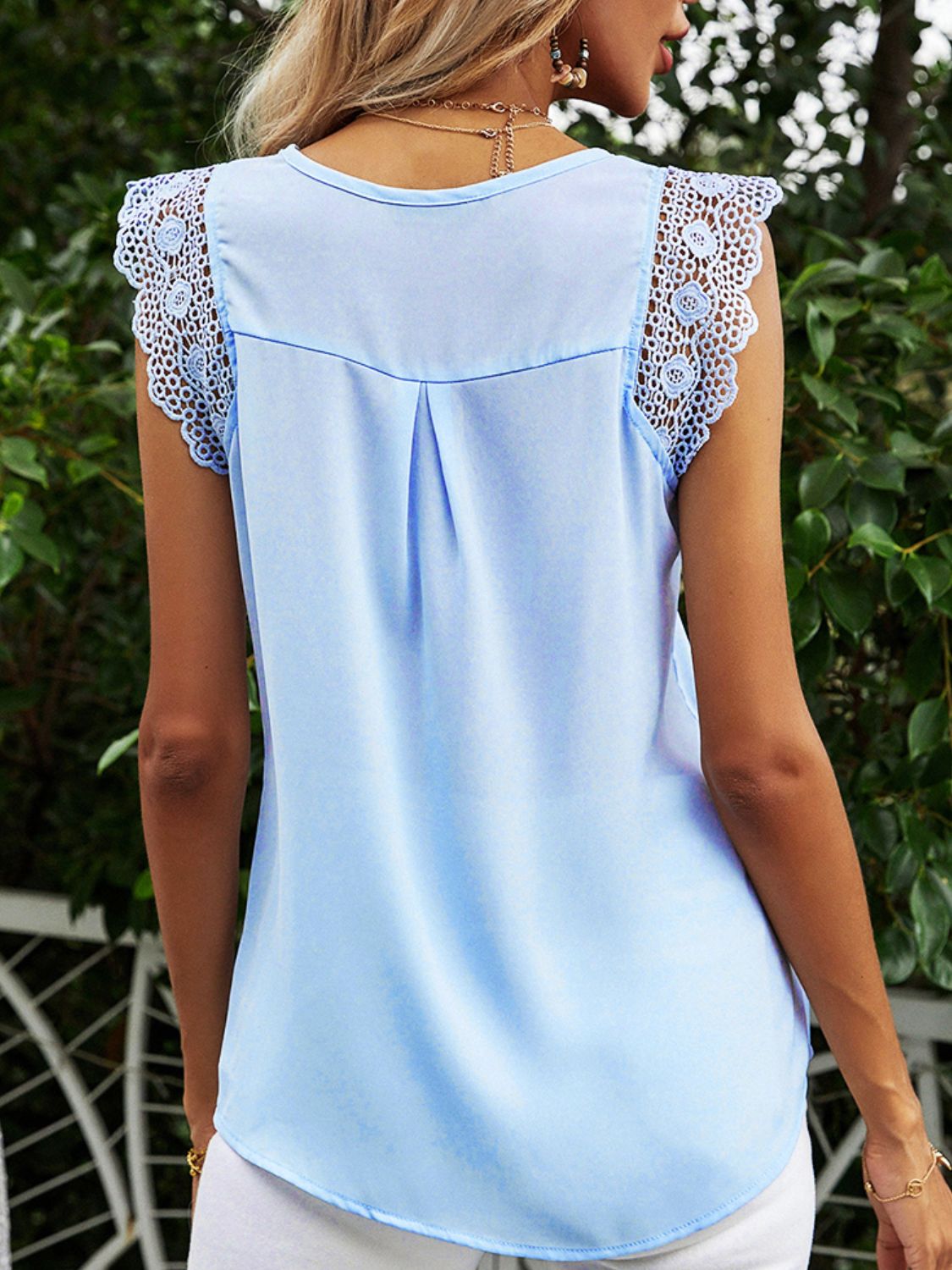 BACK TO COLLEGE   Lace Trim Openwork Cap Sleeve Blouse