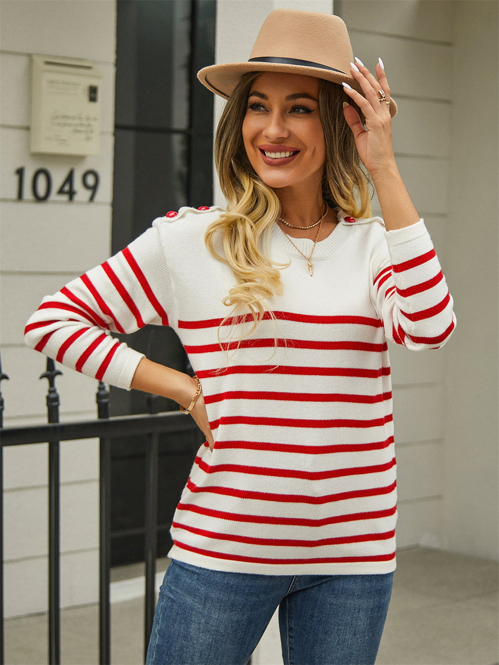 POSHOOT  AUTUMN OUTFITS    Round Neck Shoulder Button Striped Pullover Sweater