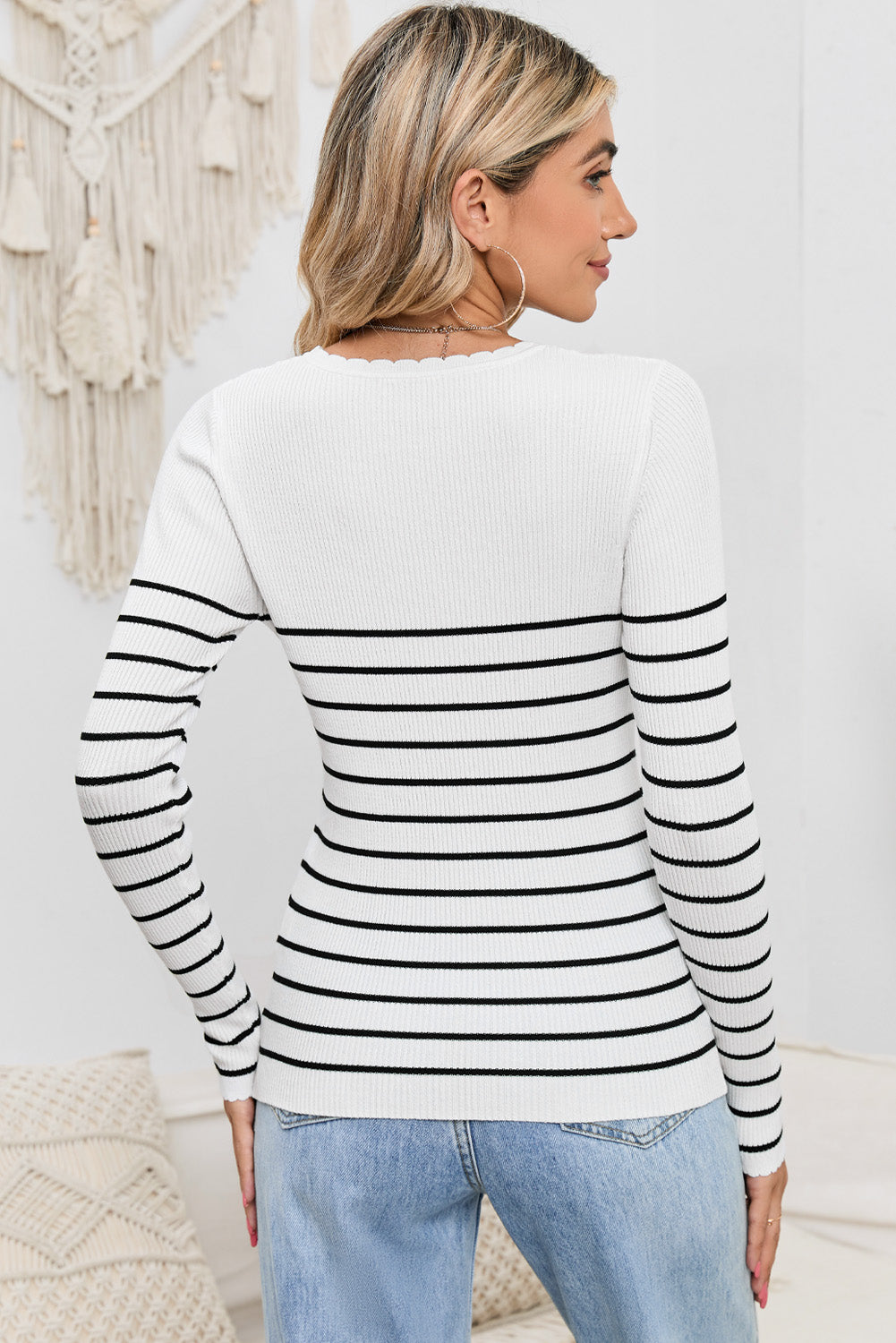 POSHOOT  AUTUMN OUTFITS    Striped Round Neck Long Sleeve Knit Top