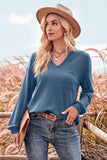 POSHOOT  fall outfits    V-Neck Dropped Shoulder Waffle-Knit Blouse