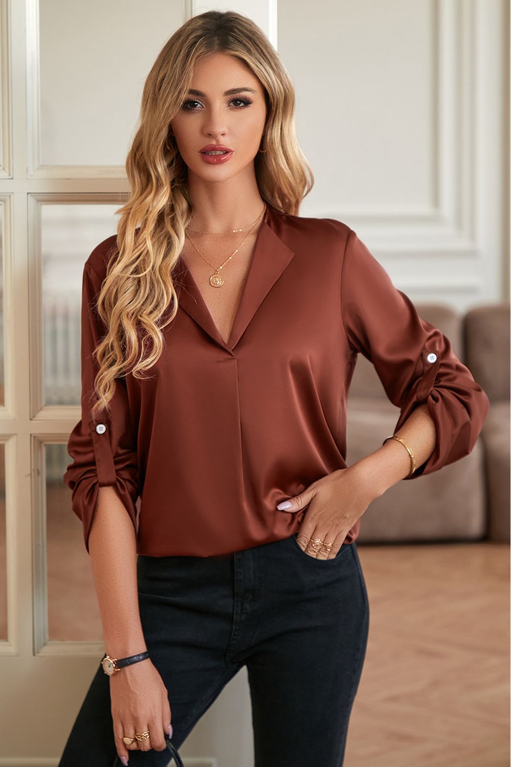 POSHOOT  fall outfits    Roll-Tab Sleeve Collared Neck Blouse