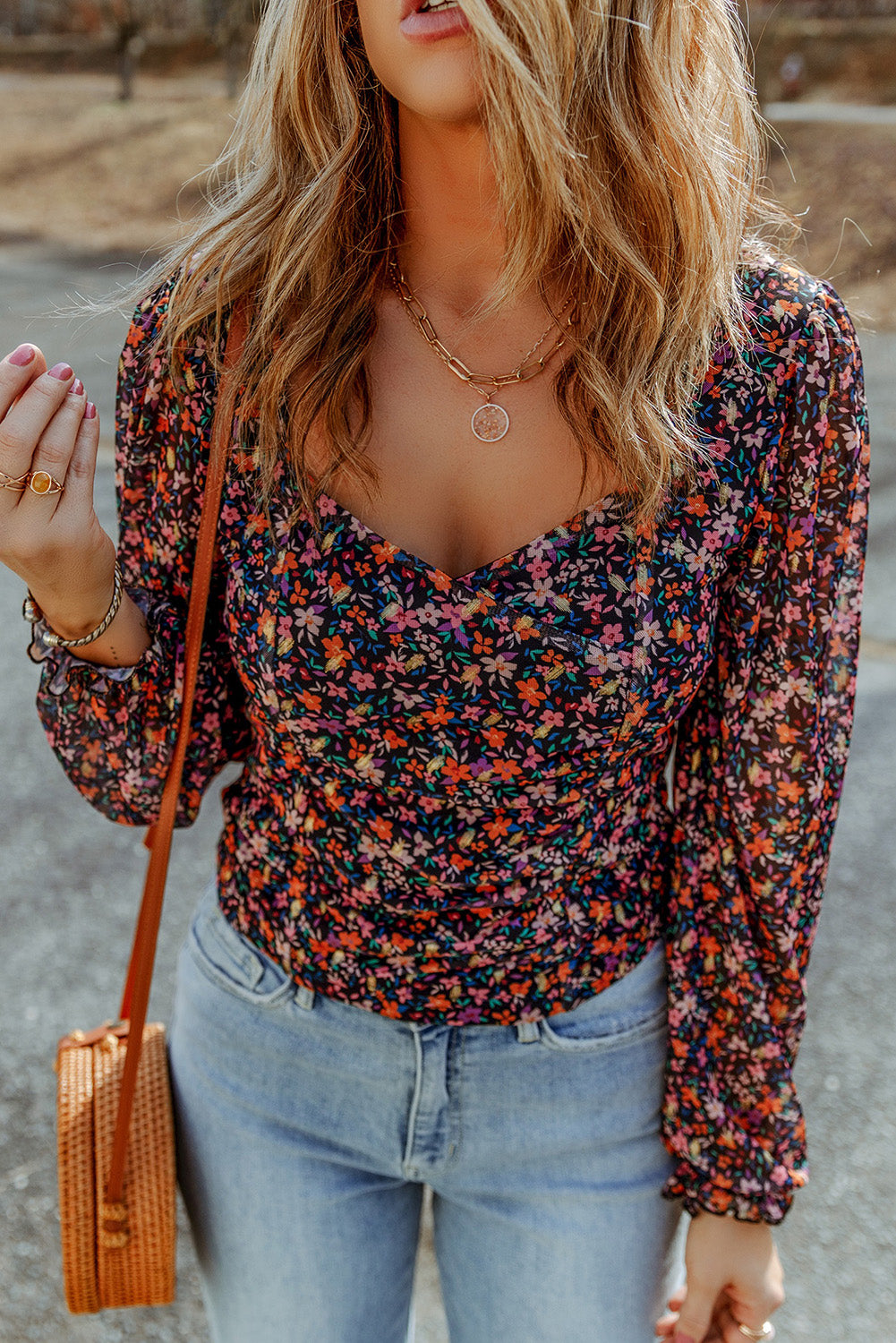 BACK TO COLLEGE   Floral Long Flounce Sleeve Blouse